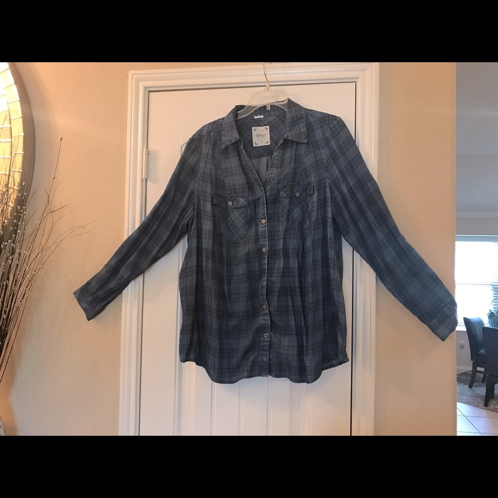Nice blue feel good denim look shirt.